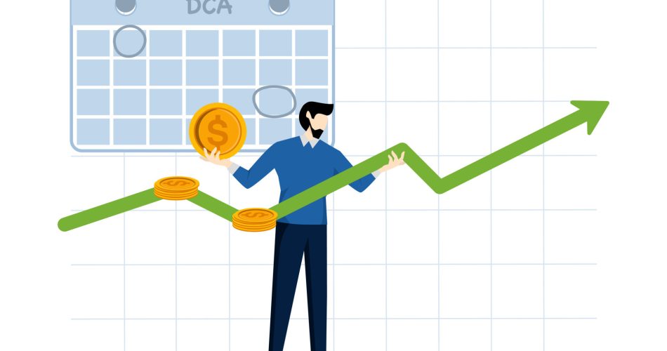 dca dollar cost averaging is a form of investment at the average cost by continuing to invest in each period with the same investment amount flat illustration on a white background vector DCA